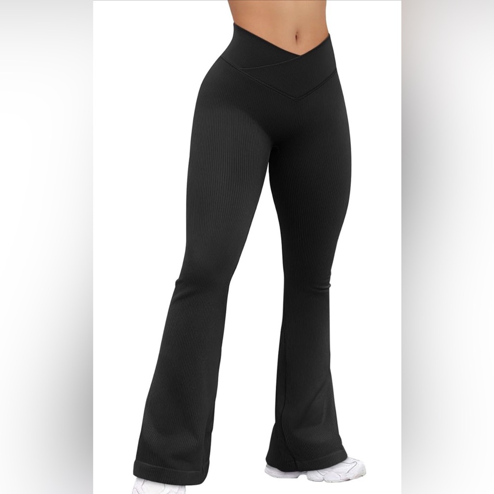 OQQ High-Waist Black Ribbed Flare Pants